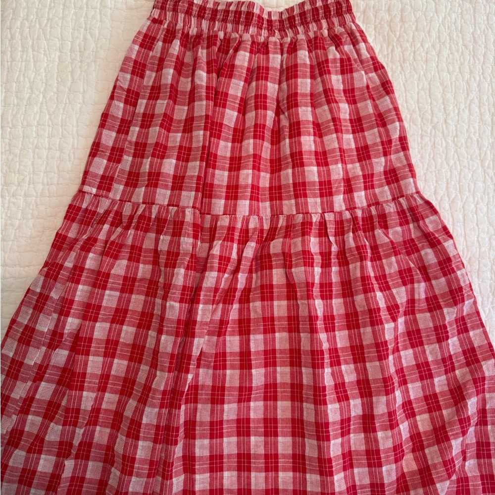 English Factory Red and White Tiered Midi Skirt